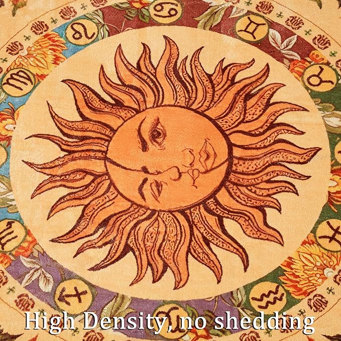 Ultra Thin Washable Mystical Rugs Stain Resistant, Sun and Moon 5x7 Area Rugs Non Slip - Retro Yellow Hippie Floral Throw Rugs for Living Room Bedroom Entryway, Trendy Indie Dorm Tapestry Rug