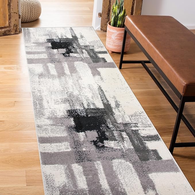 Rugshop Black Contemporary Abstract Runner Rug — Non-Shedding for Hallway, Entryway and Kitchen 2' x 7'