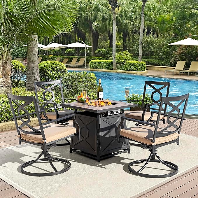 Nuu Garden 28 Inch Outdoor Propane Fire Pit Table, 50,000 BTU Square Gas Fire Table with Ceramic Tabletop, Lid, Cover, Lava Rock for Garden Backyard Party, Black