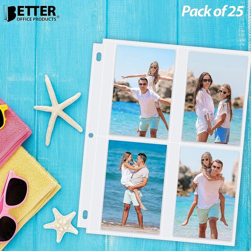 Better Office Products Photo Album Refill Sheets - Heavyweight 3.5 x 5 Inch | 25 Pack of 4-Pocket Sheets for 200 Photos