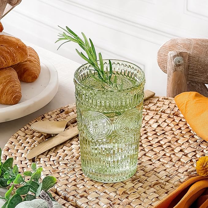 Kate Aspen Vintage Ribbed Green Drinking Glasses Set of 6-13 oz Colored Embossed Glass Cups for Water, Iced Tea, Cocktails - Perfect Holiday Drinkware, Christmas Entertaining & Gift Set