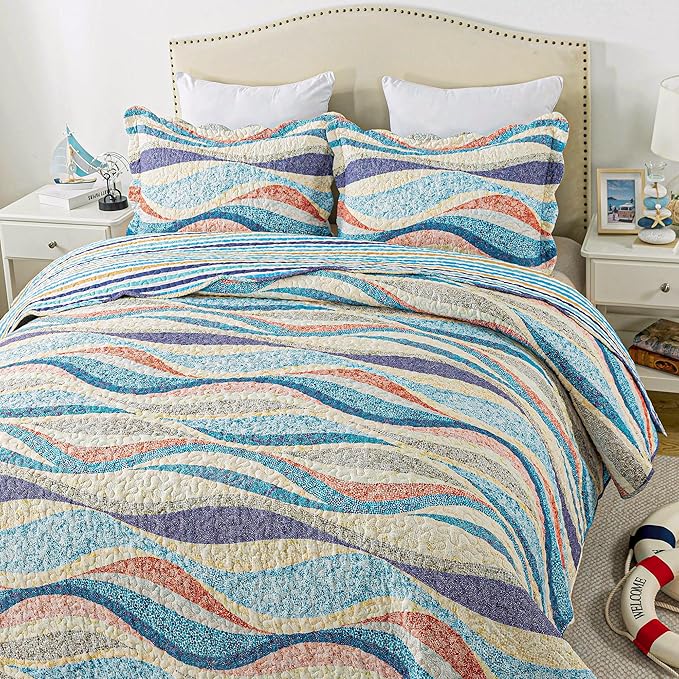 HoneiLife Coastal Quilt Sets Queen - 3 Pieces Beach Quilt Sets Ocean Bedspreads Lightweight Coverlets Nautical Bed Cover All Season Quilts