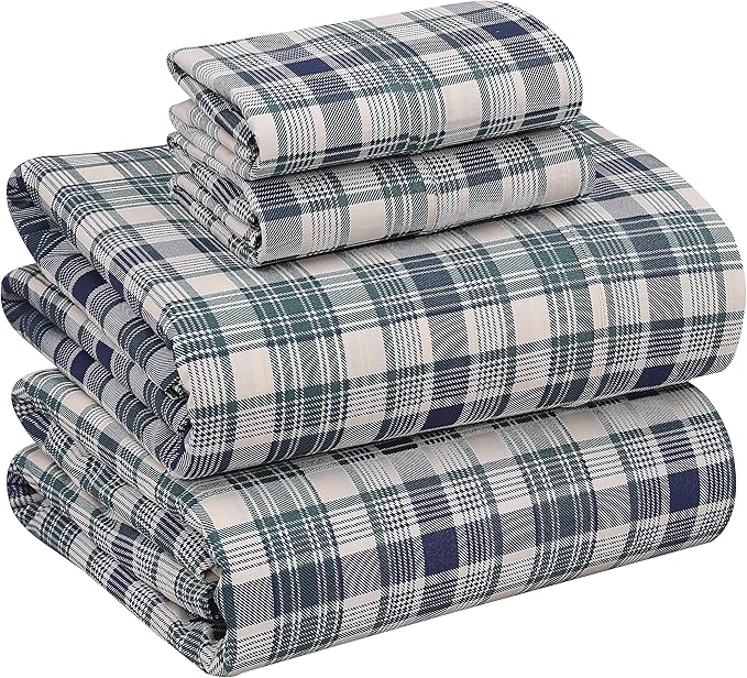 RUVANTI 100% Cotton California King Sheet Sets, 4 Pieces, Soft & Breathable Percale Weave Bedding, Deep Pocket 14", Hotel Standard, Crisp Cool Feel & Durable, Perfect Sheets, Greenish Blue Plaid