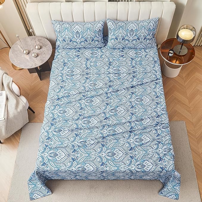 Softan Blue Paisley Printed Bed Sheets Full Size, Floral Sheet Set Full, Brushed Microfiber Patterned Fitted Sheet with 15" Deep Pocket & Non-Slip Straps, Blue Flower Sheets & Pillowcase Set