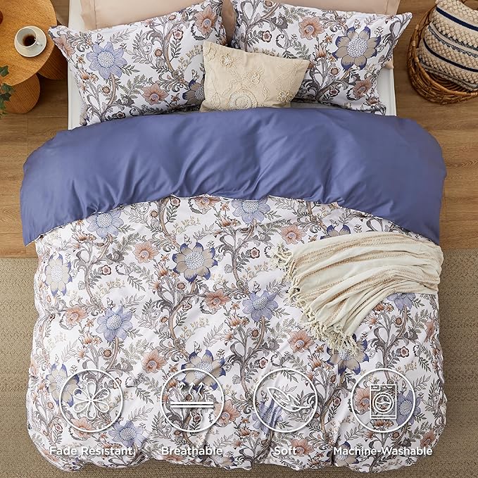 Bedsure Duvet Cover King Size - Reversible Blue Floral Duvet Cover Set with Zipper Closure, 3 Pieces Blossom Patterned Bedding Set with 8 Corner Ties and 2 Pillow Shams 20"x36"