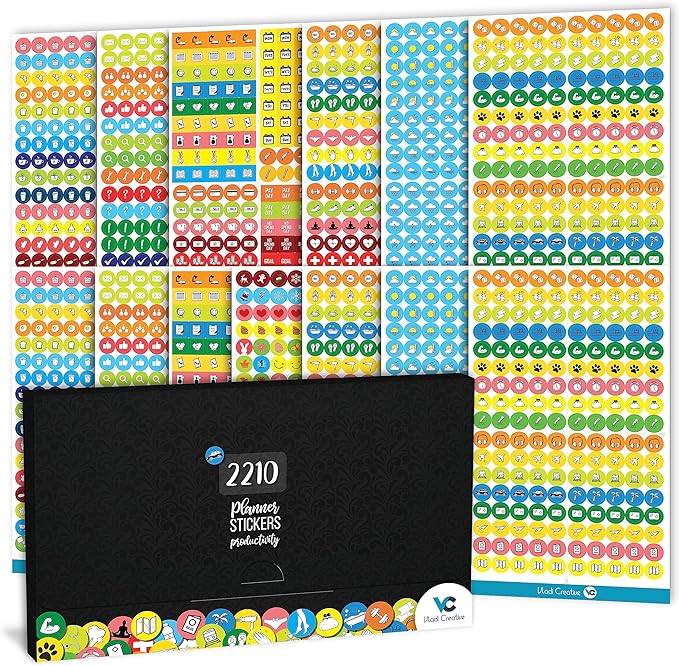 Vladi Creative Mini Planner Stickers - 2210 Pcs, 14 Sheets, Decorative & Productivity-Boosting Colorful Stickers for Journals, Calendars, Scrapbooking, Time Management, & DIY Planner Decoration