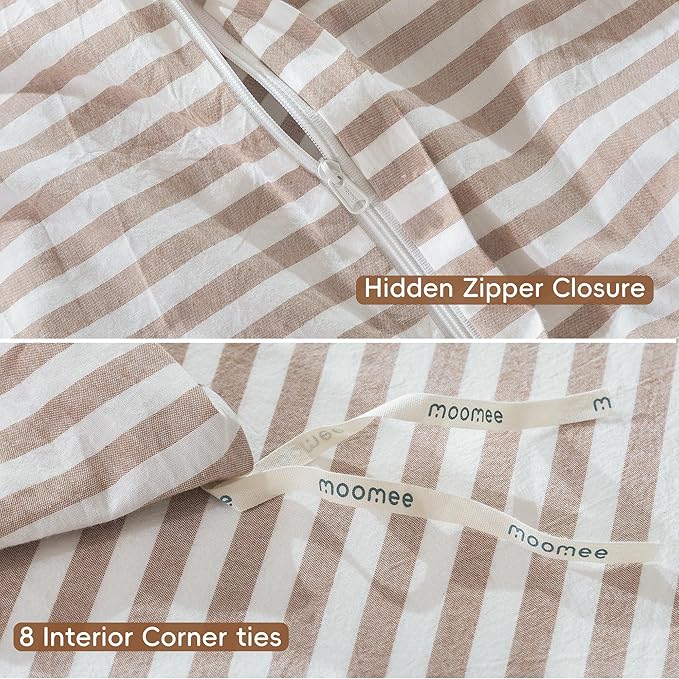 MooMee Striped Duvet Cover Set 100% Washed Cotton Linen Like Textured Breathable Durable Soft Comfy (Orange Classic Stripes, Oversized Queen 98"x98")
