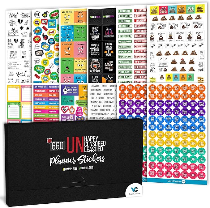 Vladi Creative Rude & Humorous Planner Stickers - 660pcs, 12 Sheets, Funny Adult Curse, Meme & Rude Stickers for Planners, Journals & Organizers, Hilarious & Bold Adult Humor Designs for Personal Use