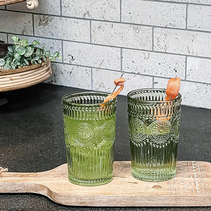 Kate Aspen Vintage Ribbed Green Drinking Glasses Set of 6-13 oz Colored Embossed Glass Cups for Water, Iced Tea, Cocktails - Perfect Holiday Drinkware, Christmas Entertaining & Gift Set