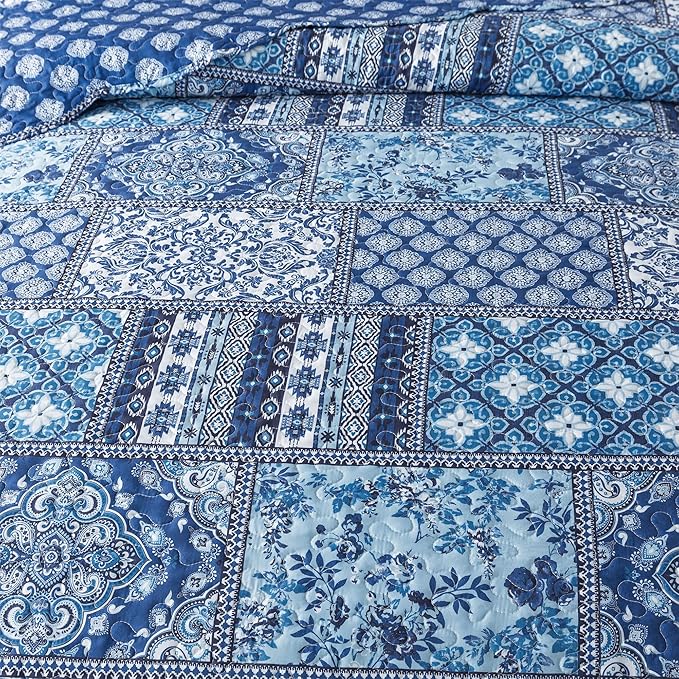 HoneiLife Rustic Quilt Sets Queen - 3 Pieces Microfiber Quilt Sets Lightweight Bedspreads Floral Coverlets Retro Bed Cover All Season Quilts-Blue