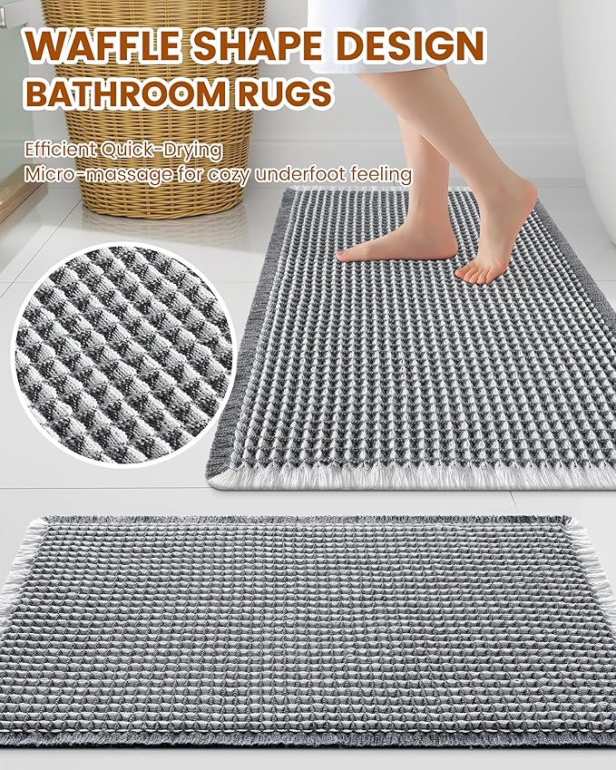 Smiry Waffle Bath Mat 24x16, Extra Soft Absorbent Bathroom Rugs, Non Slip Machine Washable Quick Dry Bath Rugs for Bathroom Floor, Tub, Shower, Home Decor Accessories, Darkgrey & Cream