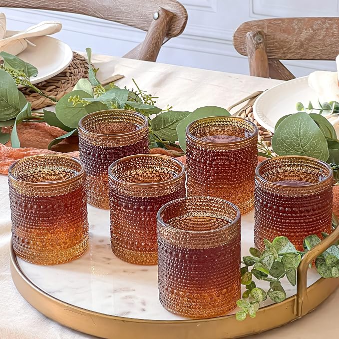 Kate Aspen Beaded Amber Drinking Glasses Set of 6-10 oz Vintage Glassware Jupiter Glasses, Cocktail Glass, Juice Glass, Water Cups Hostess Gift, Present, Gift for Newlyweds (Pack of 4)