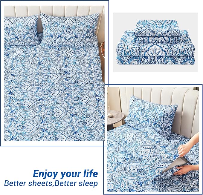 Softan Blue Twin Size Sheet Set, Paisley Printed Bed Sheets for Single Bed, 3-Piece Microfiber Fitted Sheet with 15" Deep Pocket & Non-Slip Straps, Patterned Bedding Sheets & Pillowcase Set