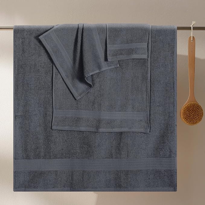 GLAMBURG Ultra Soft 8-Piece Towel Set - 100% Pure Ringspun Cotton, Contains 2 Oversized Bath Towels 27x54, Hand 16x28, 4 Wash Cloths 13x13 Ideal for Everyday use, Hotel & Spa -Charcoal Grey