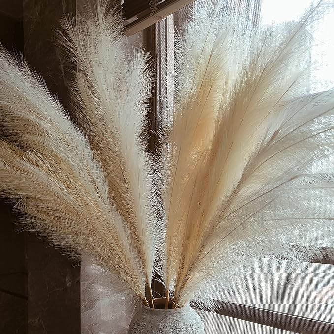 No Assembly Needed Luxury Faux Pampas Grass, Fluffy 8 pcs 43.3" 18-Branch Tall Artificial Pampas for Floor Vase, One-Piece Stems with Silk-Feel Blooms(Faux Beige, 8pcs 43.3"(110cm))