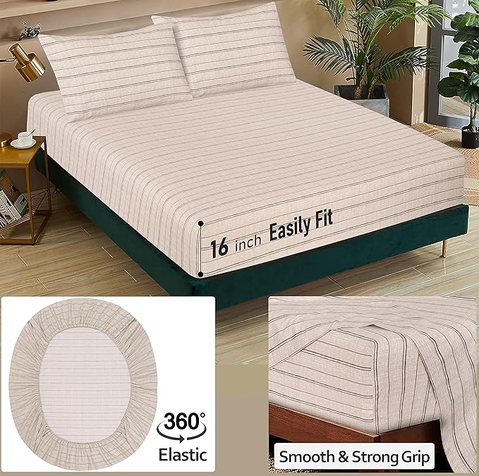 RUVANTI 100% Cotton Sheets Queen Size Set, 4 Pieces, Soft & Breathable Percale Weave Bedding, Deep Pocket 16", Hotel Standard, Crisp Cool Feeling, Durable, Perfect Striped Bed Sheet, Brown Stripes