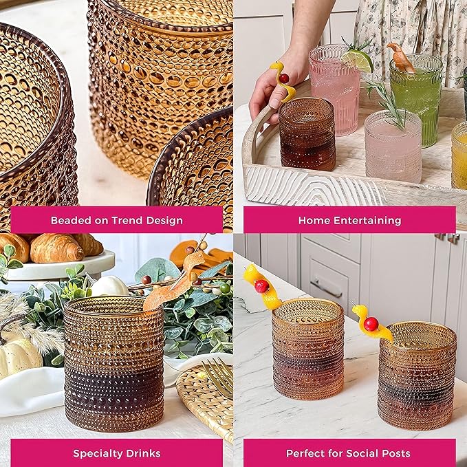 Kate Aspen Beaded Amber Drinking Glasses Set of 6-10 oz Vintage Glassware Jupiter Glasses, Cocktail Glass, Juice Glass, Water Cups Hostess Gift, Present, Gift for Newlyweds (Pack of 4)