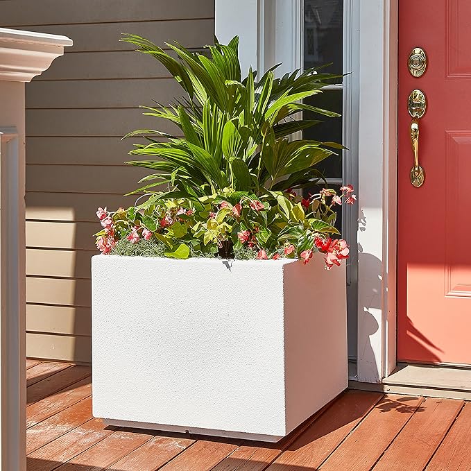 PolyStone Monterray Modern Outdoor/Indoor Square Planter, 23" L x 23" W x 19" H, Lightweight, Heavy Duty, Weather Resistant, Polymer Finish, Commercial Grade and Residential (White)