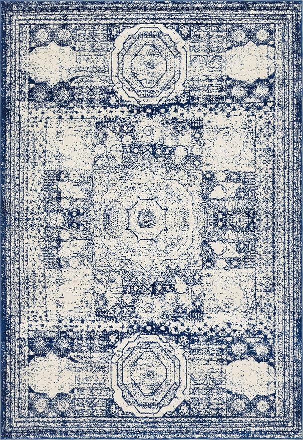 Unique Loom Bromley Collection Area Rug - Wells (7' 1" x 10' Rectangle, Ivory and Blue/ Ivory)