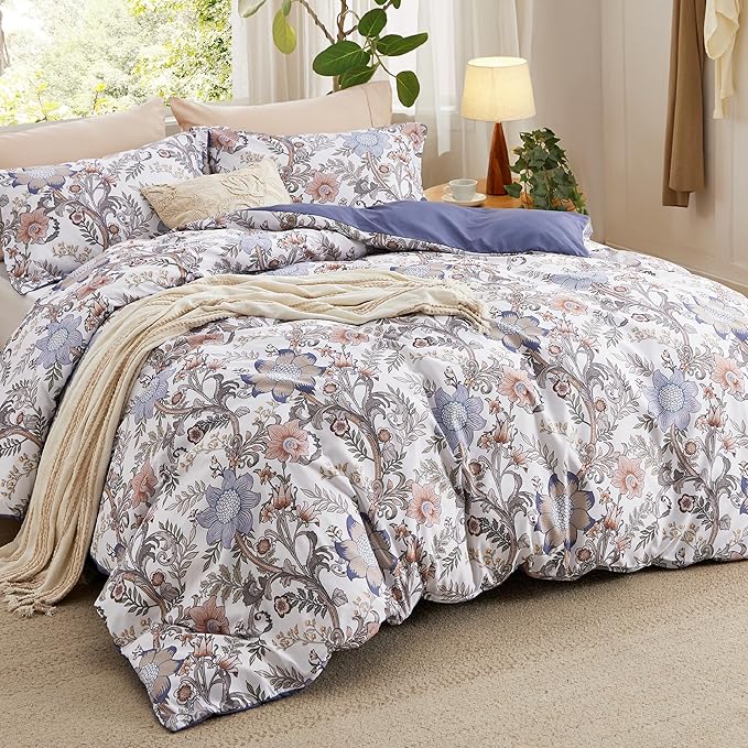 Bedsure Duvet Cover King Size - Reversible Blue Floral Duvet Cover Set with Zipper Closure, 3 Pieces Blossom Patterned Bedding Set with 8 Corner Ties and 2 Pillow Shams 20"x36"