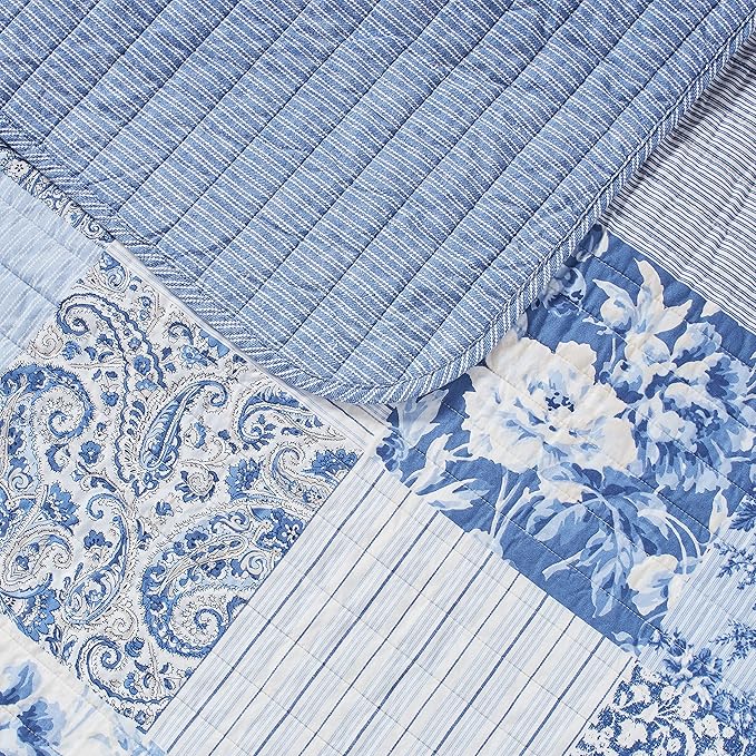Laura Ashley - King Quilt Set, Reversible Cotton Bedding with Matching Shams, Farmhouse Inspired Home Decor (Paisley Printed Patchwork Blue, King)